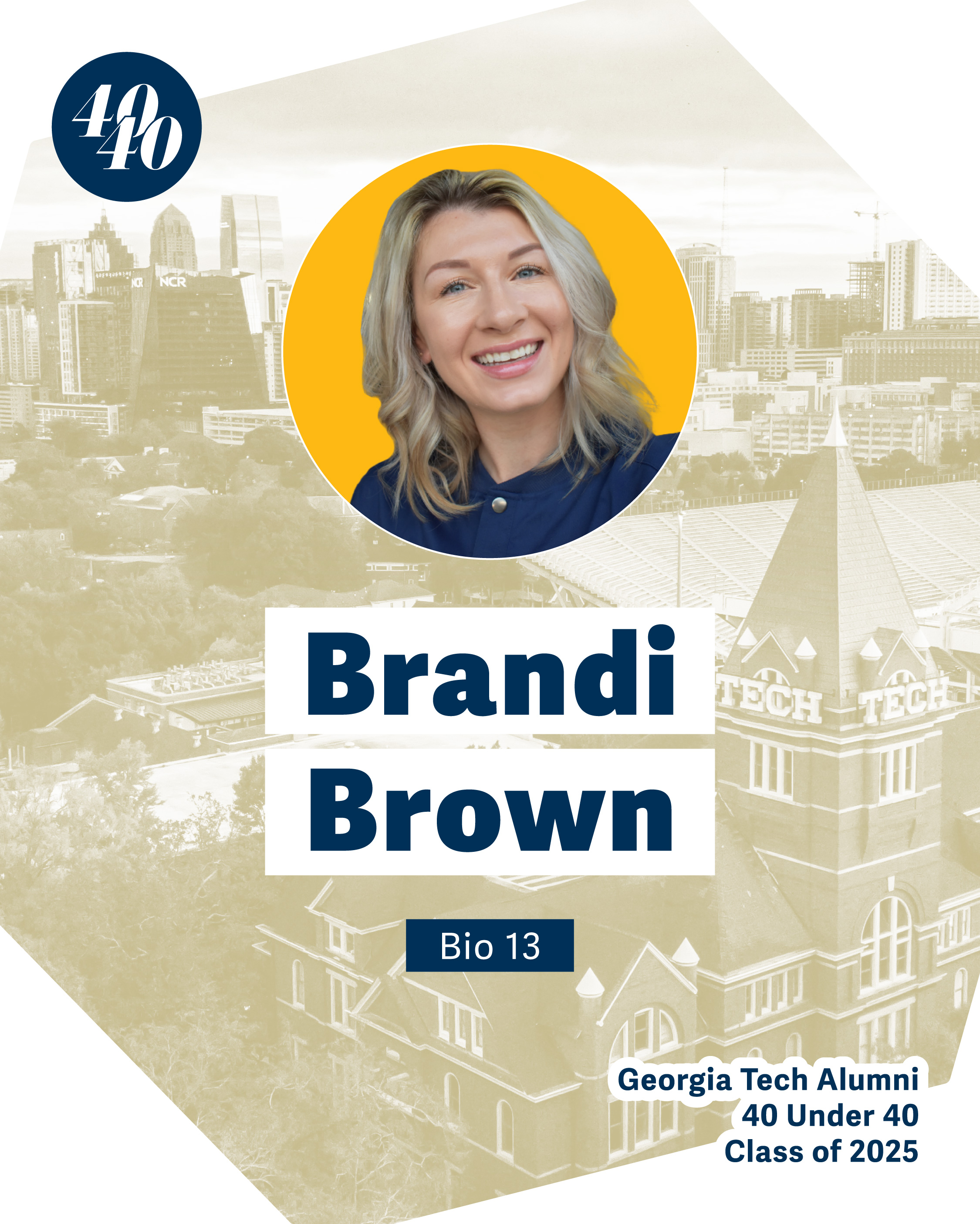 Headshot of blonde woman superimposed on Georgia Tech scene.