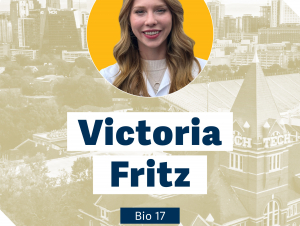Victoria Fritz, BIO 2017, (Founder/CEO, BabyBumps) Female headshot superimposed on old fashioned scenes from Georgia Tech.
