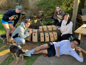 Members of Teresa Snow's Spring 2020 AAPH 1040: Scientific Foundations of Health class pose with birdhouses built for East Decatur Greenway. (Photos East Decatur Greenway).