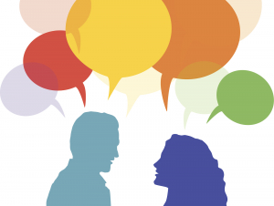 illustration of a man and woman with thought bubbles above their heads