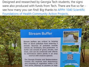 An East Decatur Greenway Facebook post showing educational signage designed by students in Teresa Snow's AAPH 1040: Scientific Foundations of Health class. (Photo by East Decatur Greenway).