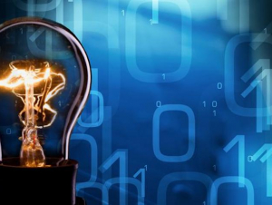 Clear light bulb in foreground with blue screen binary code as background