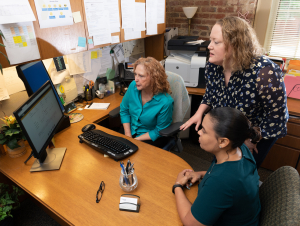 Erin Nagle (standing) discuss PROMOTE software with the School of Psychology's Leslie Dionne-White (left) and Kristie Clark. Erin Nagle works with PROMOTE software.